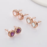 Rose Gold - S925 Sterling Silver CZ Round Gemstone Stud Earrings, Healing Crystal Jewelry, Dainty Earrings SS216ER