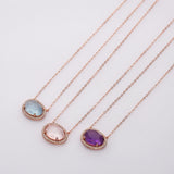 15" Rose Gold Plated Amethyst Moonstone Crystal Faceted Necklace CZ Micro Pave, 925 Sterling Silver Prong Jewelry For Women SS228NR