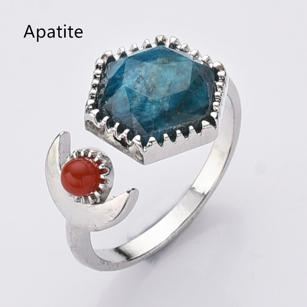 Apatite Ring, Silver Plated Hexagon Gemstone Faceted Ring, Adjustable Open Ring, Natural Crystal Stone Jewelry WX2196
