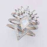 925 Sterling Silver Moonstone CZ Set Rings, Adjustable, Diamond Moonstone Ring, Zircon Crown Ring, V Shape CZ Ring SS243