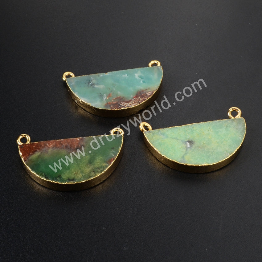 Half Round Australia Jade Connector Gold Plated, Rose Quartz Half Moon, For Jewelry Making G1025