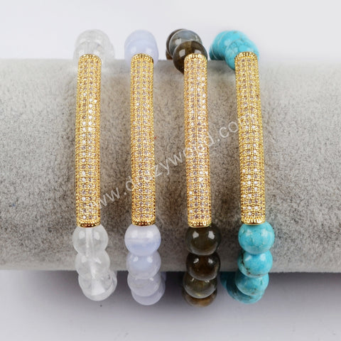 Gold Plated CZ Tube Bar With 8mm Gemstone Beads Bracelet G1475