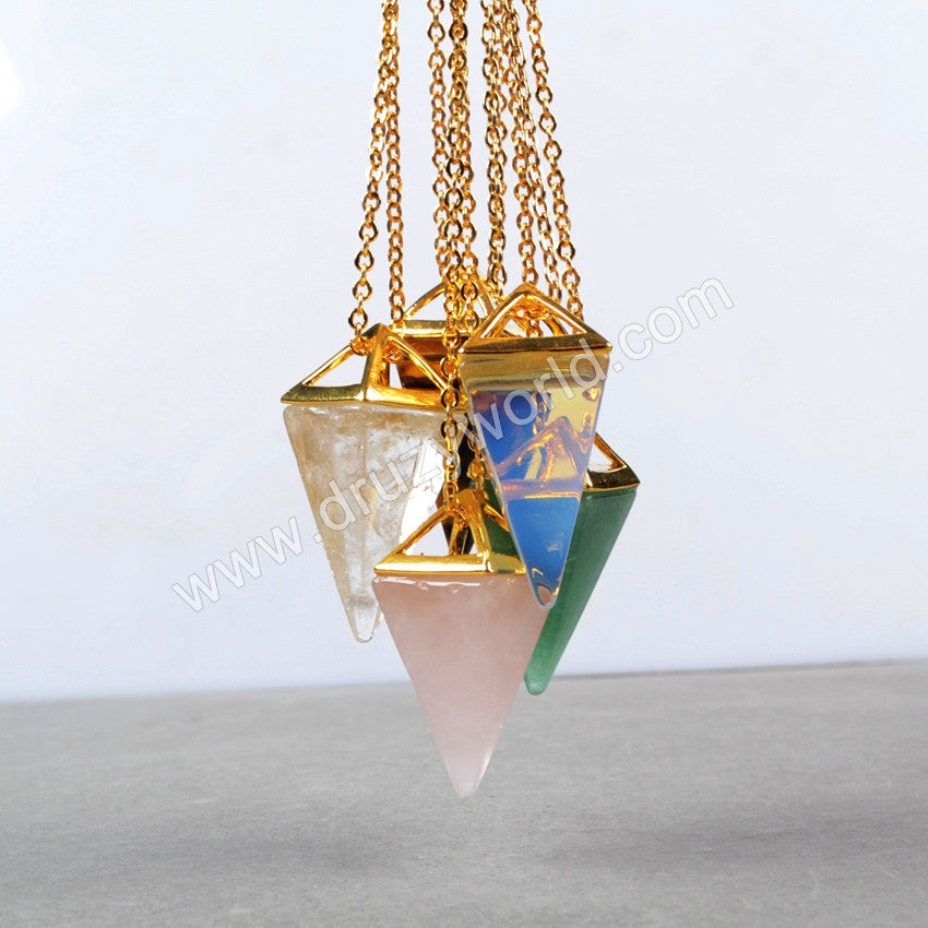 Hollow Gold Plated Pyramid Multi-Kind Stones Faceted Pendant Bead G0659