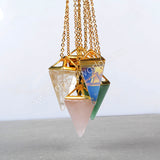 Hollow Gold Plated Pyramid Multi-Kind Stones Faceted Pendant Bead G0659