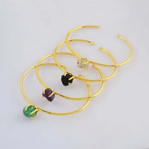 Gold Plated Claw Multi Natural Gemstone Raw Stone Adjustable Bangle Bracelet Jewelry Cuff ZG0451
