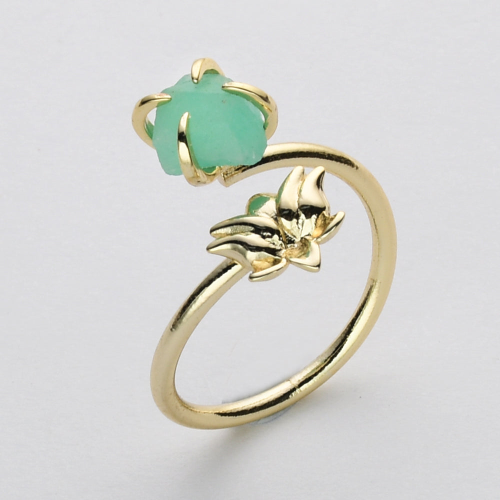 Gold Plated Lotus Raw Crystal Ring, Adjustable, Rainbow Gemtsone Ring, Birthstone Ring, Healing Jewelry ZG0488 amazonite ring