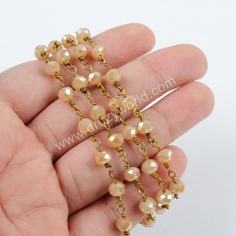 5m/lot,Gold Plated 6mm Champagne Crystal Faceted Rosary Chain JT203