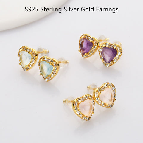 Gold - S925 Sterling Silver CZ Heart Gemstone Stud Earrings, Dainty Earrings, Healing Crystal Jewelry SS213RG