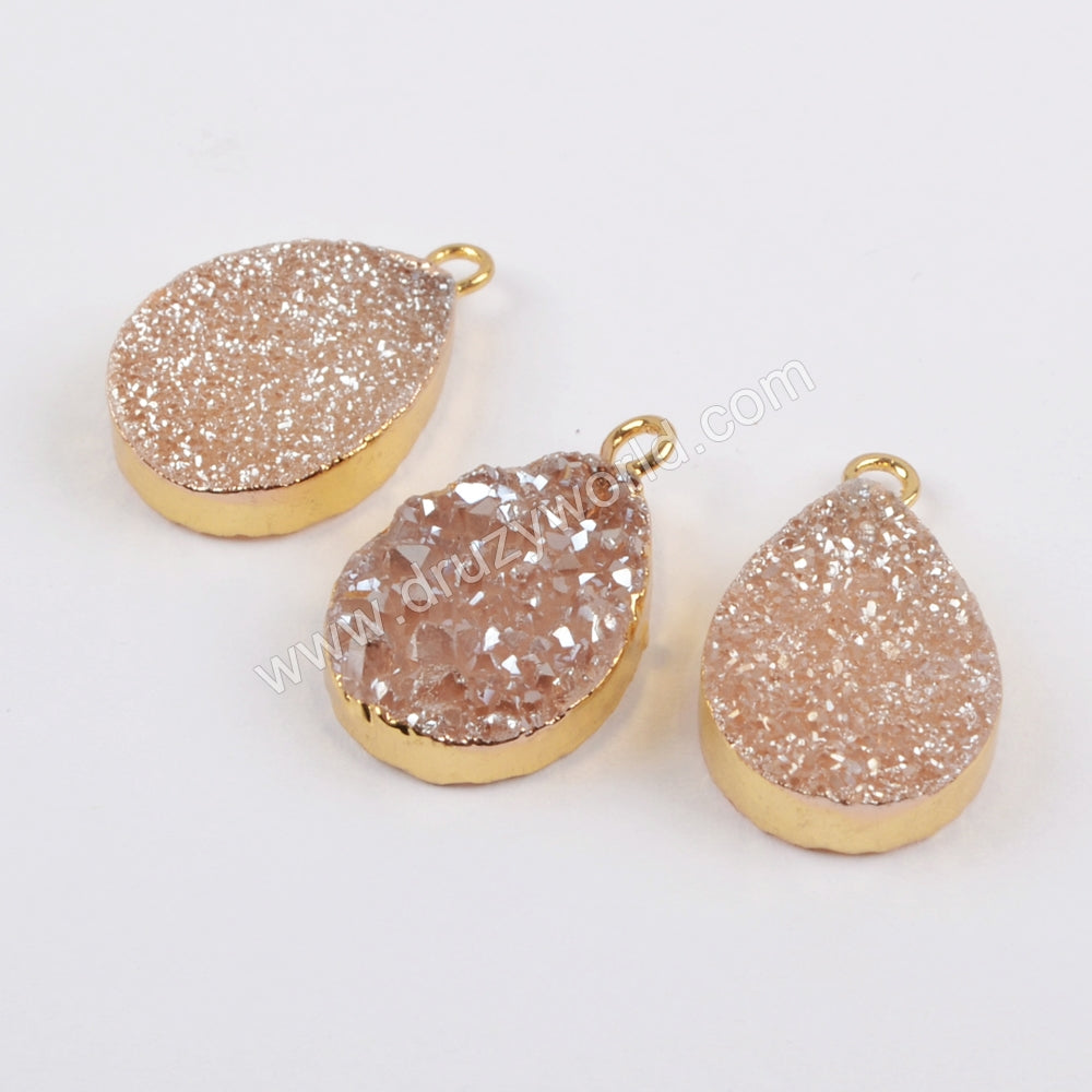 Teardrop Rainbow Titanium Natural Druzy Charm Gold Plated, Crystal Drusy Charm For Jewelry Making  G1455