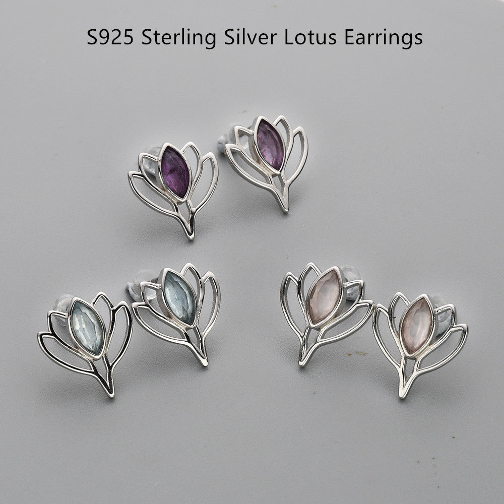 S925 Sterling Silver Marquise Amethyst Aquamarine Rose Quartz Moonstone Lotus Flower Stud Earrings, Healing Gemstone Jewelry SS220