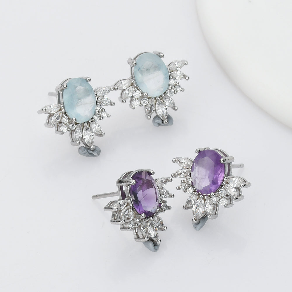 S925 Sterling Silver Gemstone Earrings, CZ Micro Pave, Oval Faceted Amethyst Aquamarine Rose Quartz Moonstone Post Earrings, Healing Jewelry SS223