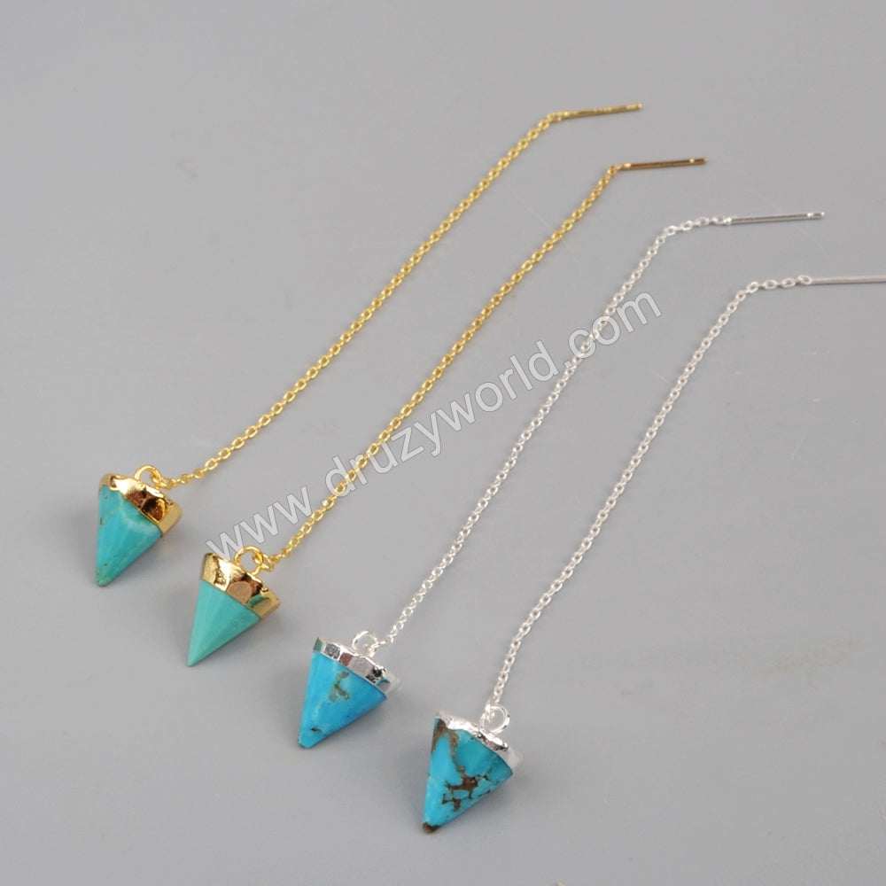 Natural Turquoise Faceted Point Threader Earrings Silver Plated Jewelry G1344