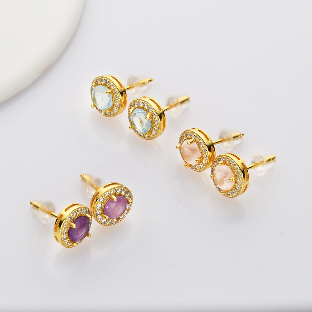S925 Sterling Silver Gold Round Gemstone CZ Micro Pave Stud Earrings, Dainty Earrings, Healing Crystal Amethyst Aquamarine Rose Quartz Moonstone Jewelry SS216