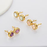 Gold S925 Sterling Silver Round Gemstone CZ Micro Pave Stud Earrings, Dainty Earrings, Healing Crystal Amethyst Aquamarine Rose Quartz Moonstone Jewelry LM006-G