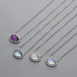15" S925 Sterling Silver Prong CZ Gemstone Necklace, Micro Pave, Faceted Amethyst Aquamarine Rose Quartz Moonstone Necklace Jewelry LM001-S