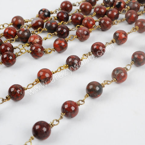 5m/lot,Gold Plated 8mm Round Flame Jasper Beads Wire Wrapped Rosary Chain JT122