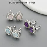 S925 Sterling Silver Round Gemstone CZ Micro Pave Stud Earrings, Healing Crystal Amethyst Aquamarine Rose Quartz Moonstone Jewelry, Dainty Earrings LM006-S