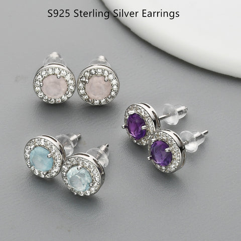 S925 Sterling Silver Round Gemstone Crystal CZ Micro Pave Stud Earrings, Dainty Jewelry SS216ES