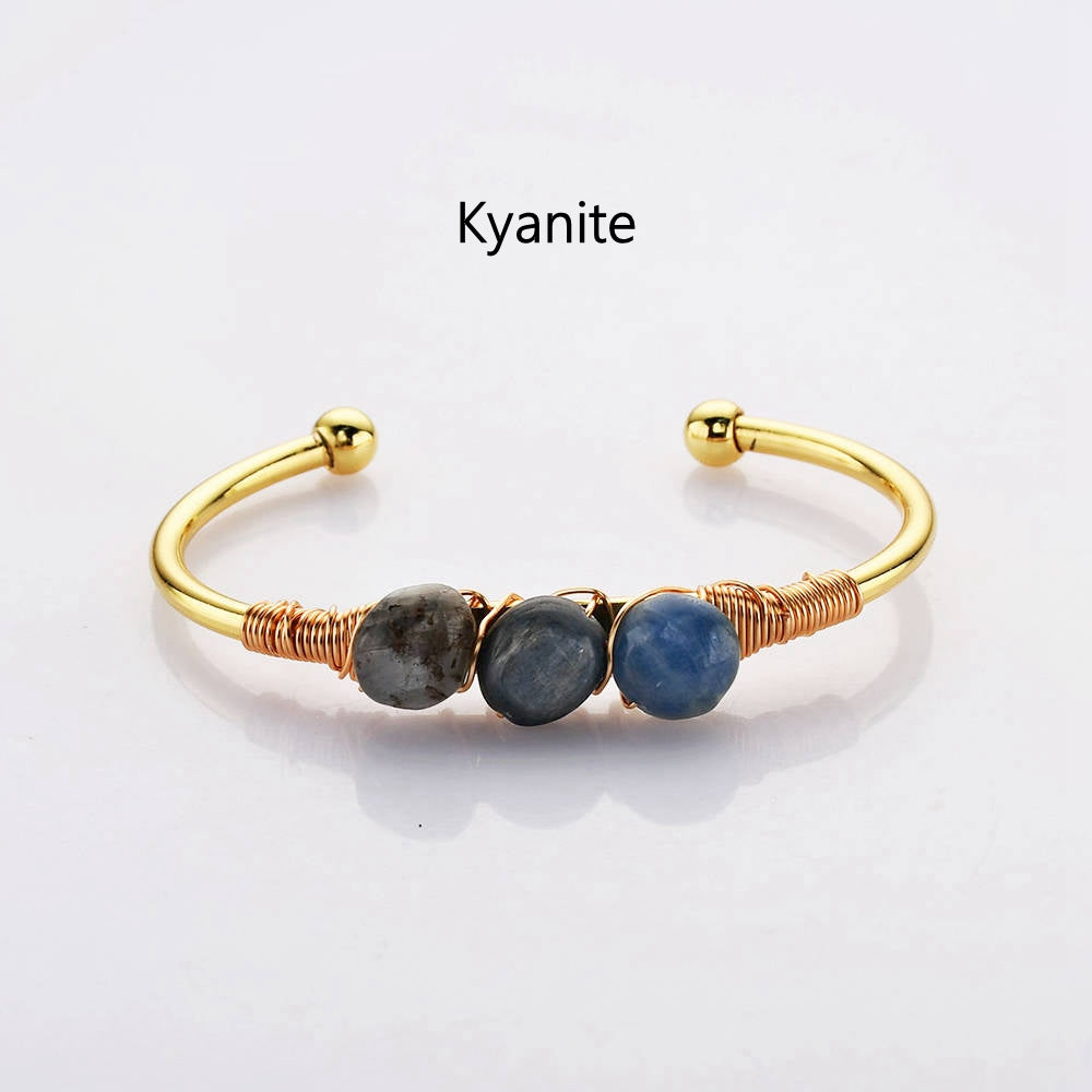 kyanite bracelet Gold Plated Brass Wire Wrap Gemstone Bangle Bracelet Healing Crystal Stone Bracelet Handmade Boho Jewelry WX2075