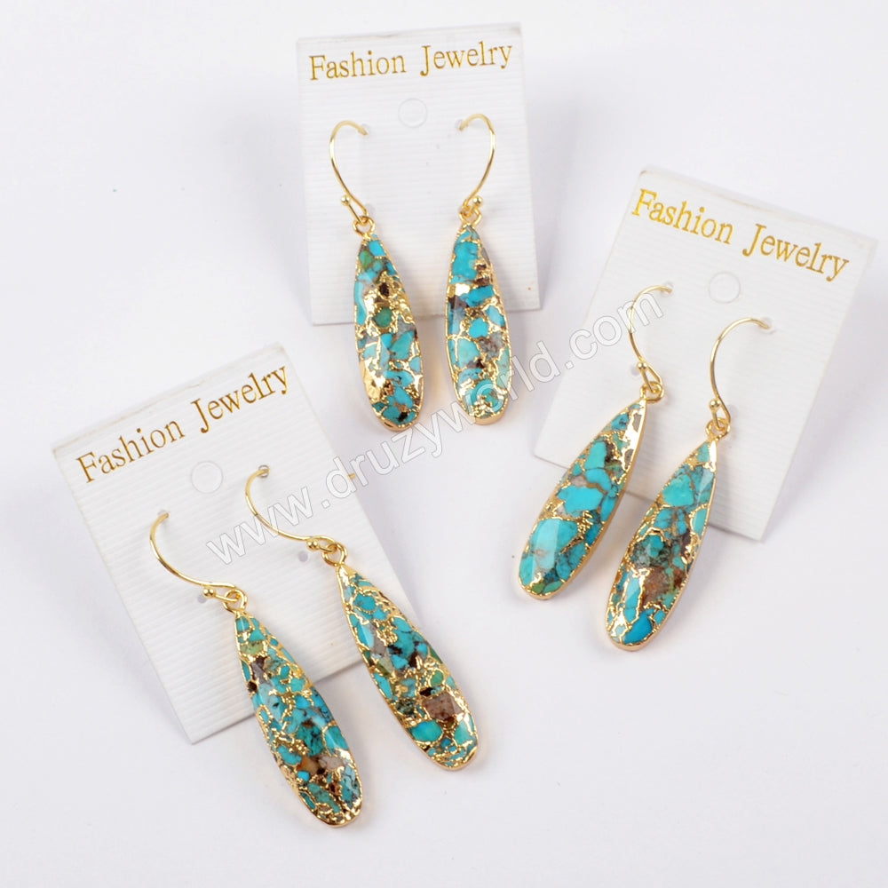Long Teardrop Gold Plated Natural Copper Turquoise Dangle Earrings G1547-E