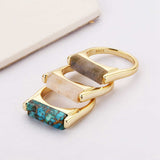 Gold Plated Natural Gemstone Crystal Rings Faceted Copper Turquoise Moonstone Labradorite Bar Ring ZG0463