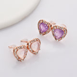 Rose Gold - S925 Sterling Silver CZ Heart Gemstone Stud Earrings, Healing Crystal Jewelry, Dainty Earrings SS213RR