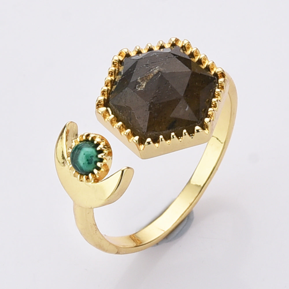 Hexagon Labradorite ring, Gold Plated Brass Gemstone Faceted Ring, Adjustable Open Ring, Natural Crystal Jewelry WX2195