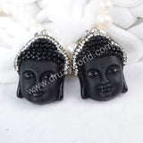 Big Frosted Black Obsidian Carved Buddha Head Rhinestone Pendant Bead JAB343