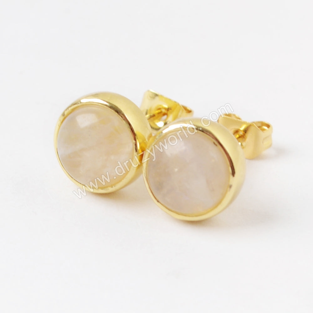 Round Gemstone Earrings Gold Plated Bezel Natural Stone Stud Earrings, Boho Jewelry ZG0283