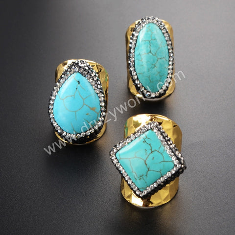 Different Shape Gold Plated Blue Howlite Turquoise Gemstone Band Ring JAB471