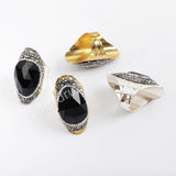 Gold/Silver Rhinestone Pave Drop Black Onyx Agate Faceted Band Ring JAB954