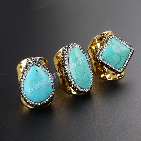 Different Shape Gold Plated Blue Howlite Turquoise Gemstone Band Ring JAB471