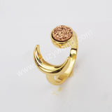 Gold Plated Moon Natural Agate Titanium Druzy Open Ring For Women ZG0438