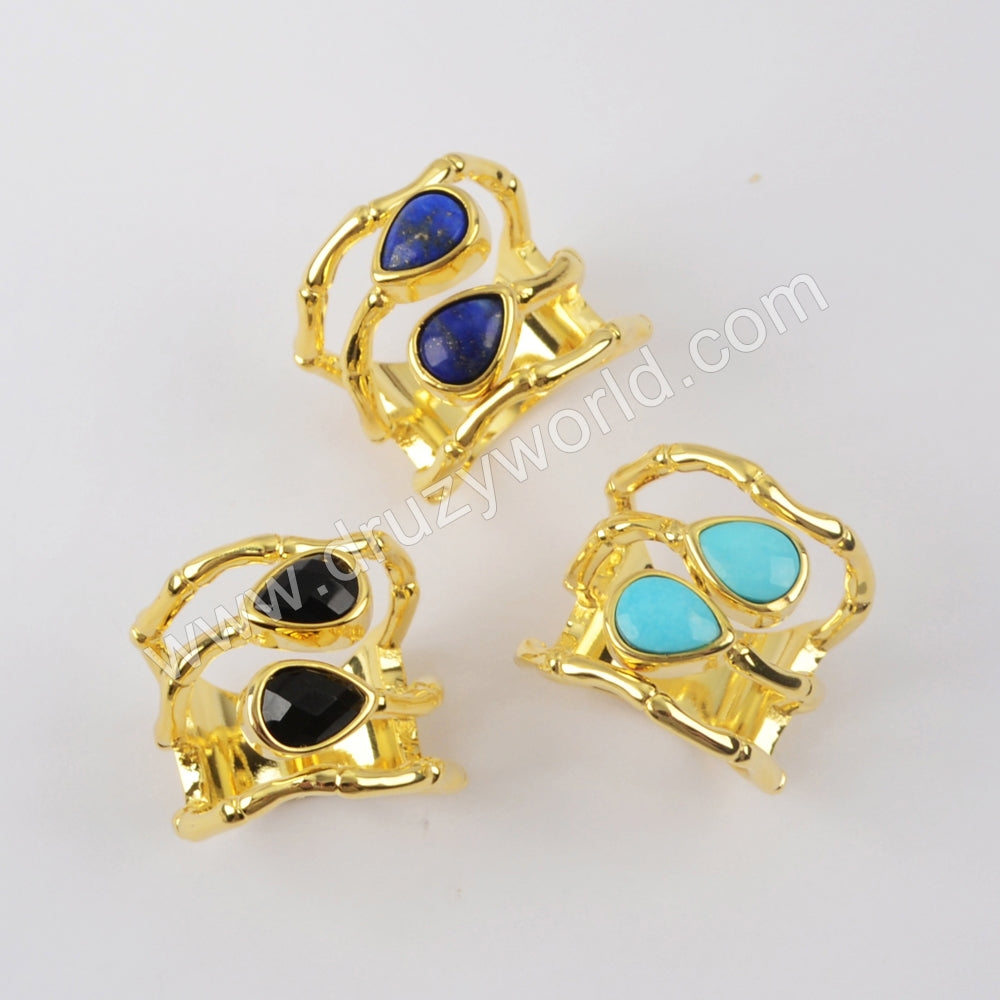 Gold Plated Teardrop Natural Turquoise, Black Agate, Lapis Lazuli Ring, Double Stone Band Ring ZG0434