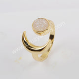 Gold Plated Moon Natural Agate Titanium Druzy Open Ring For Women ZG0438