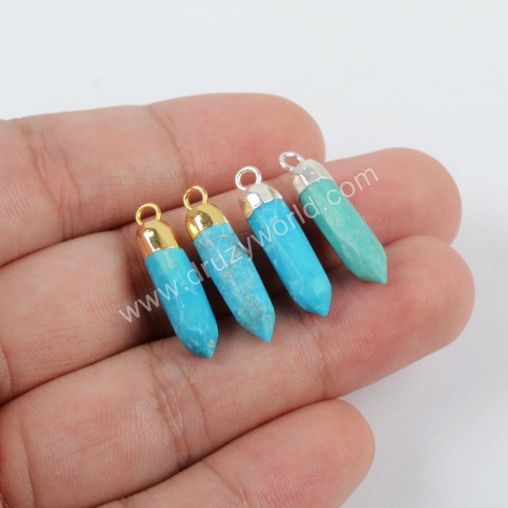 Natural Turquoise Spike Faceted Pendant Charm Silver Plated S1370