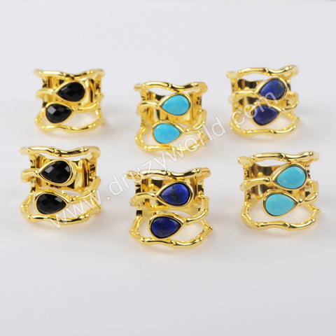 Gold Plated Teardrop Natural Turquoise, Black Agate, Lapis Lazuli Ring, Double Stone Band Ring ZG0434