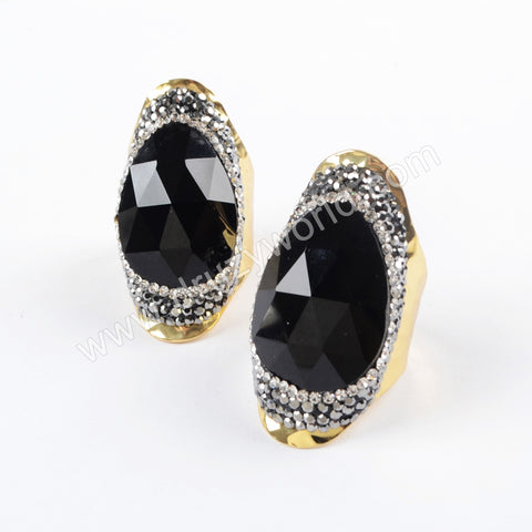 Gold/Silver Rhinestone Pave Drop Black Onyx Agate Faceted Band Ring JAB954