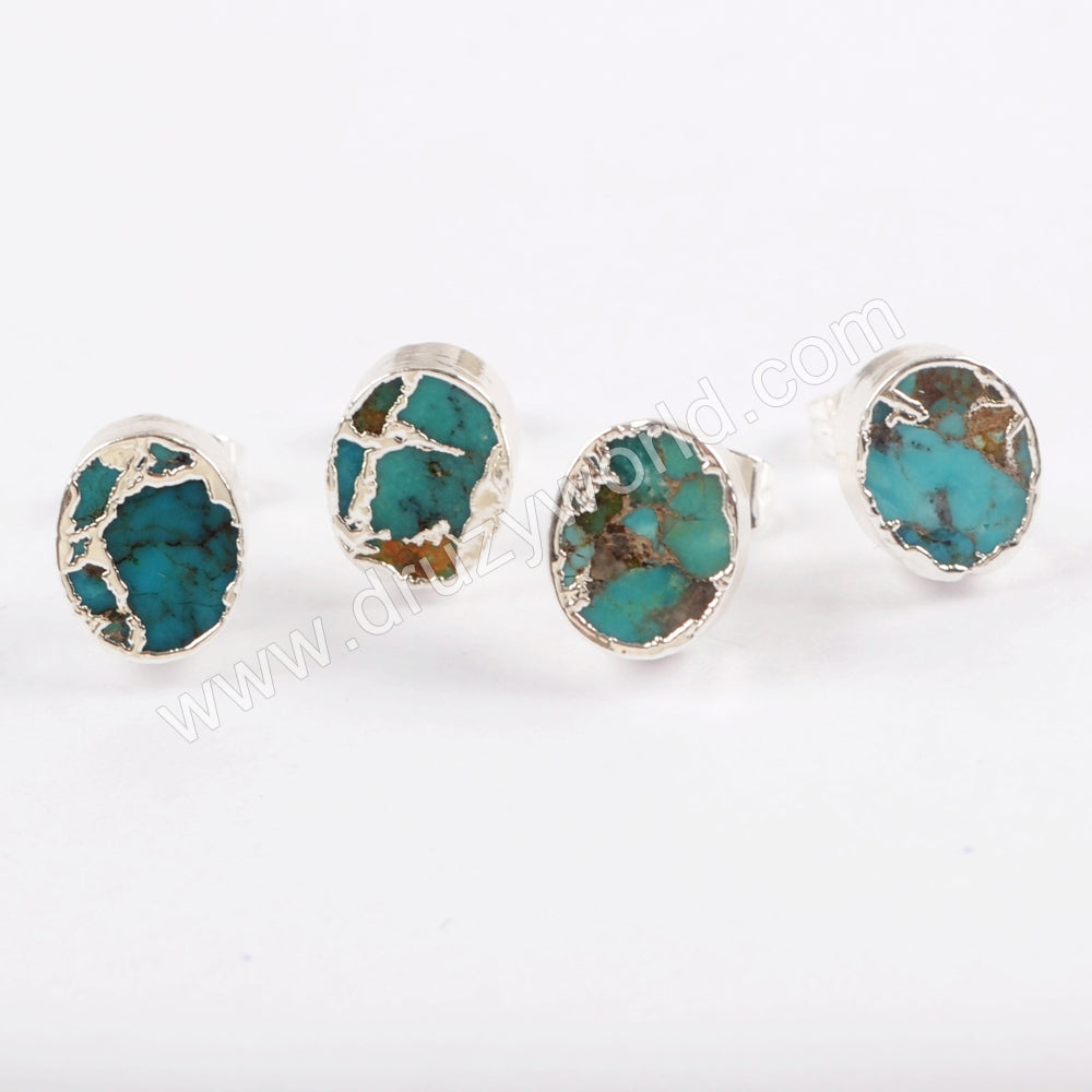 Boho Chic Style Copper Turquoise Stud Earrings Silver Plated S1546