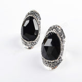 Gold/Silver Rhinestone Pave Drop Black Onyx Agate Faceted Band Ring JAB954