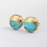 10x10mm Round Copper Natural Turquoise Stud Earrings Gold Plated G1724