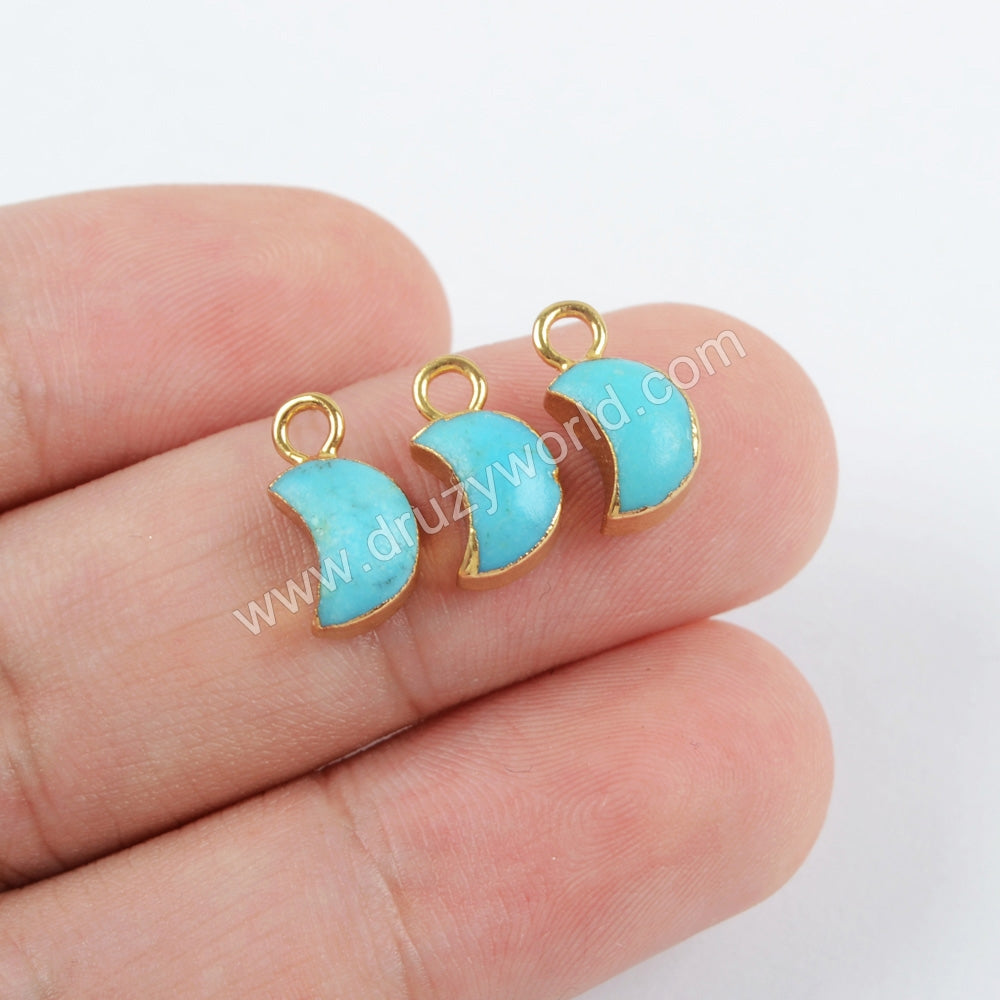Tiny Gold Plated Turquoise Moon Charm, Genuine Turquoise, For DIY Jewelry Making G1511