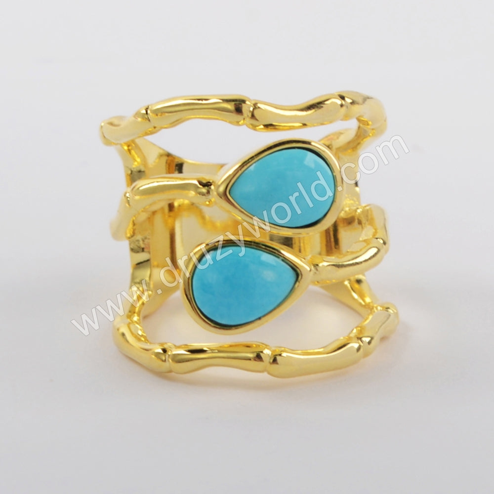Gold Plated Teardrop Natural Turquoise, Black Agate, Lapis Lazuli Ring, Double Stone Band Ring ZG0434