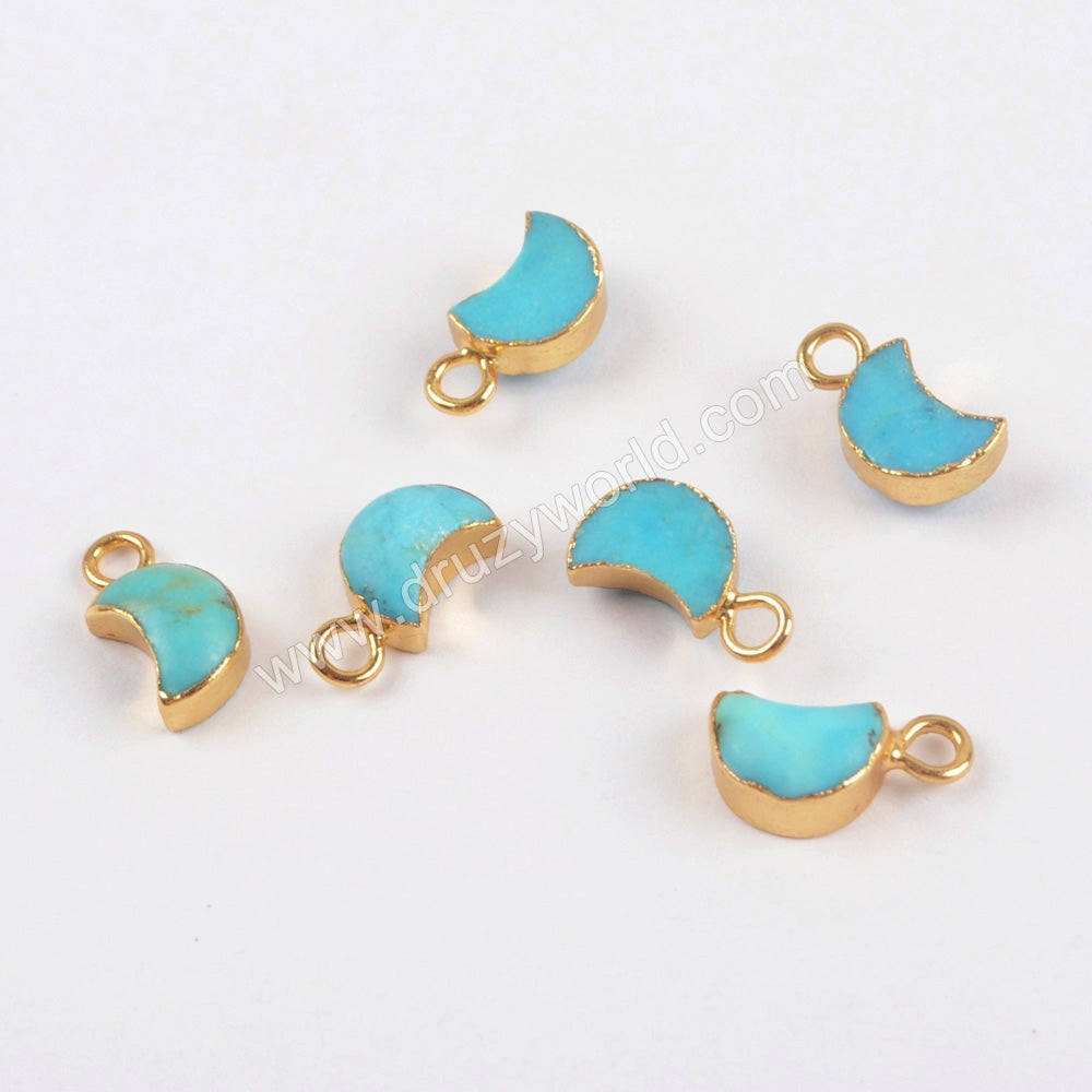 Tiny Gold Plated Turquoise Moon Charm, Genuine Turquoise, For DIY Jewelry Making G1511