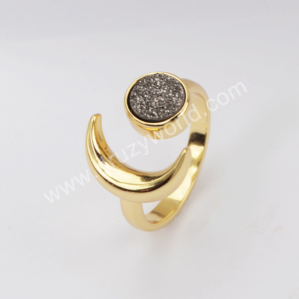 Gold Plated Moon Natural Agate Titanium Druzy Open Ring For Women ZG0438