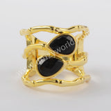 Gold Plated Teardrop Natural Turquoise, Black Agate, Lapis Lazuli Ring, Double Stone Band Ring ZG0434