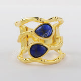 Gold Plated Teardrop Natural Turquoise, Black Agate, Lapis Lazuli Ring, Double Stone Band Ring ZG0434