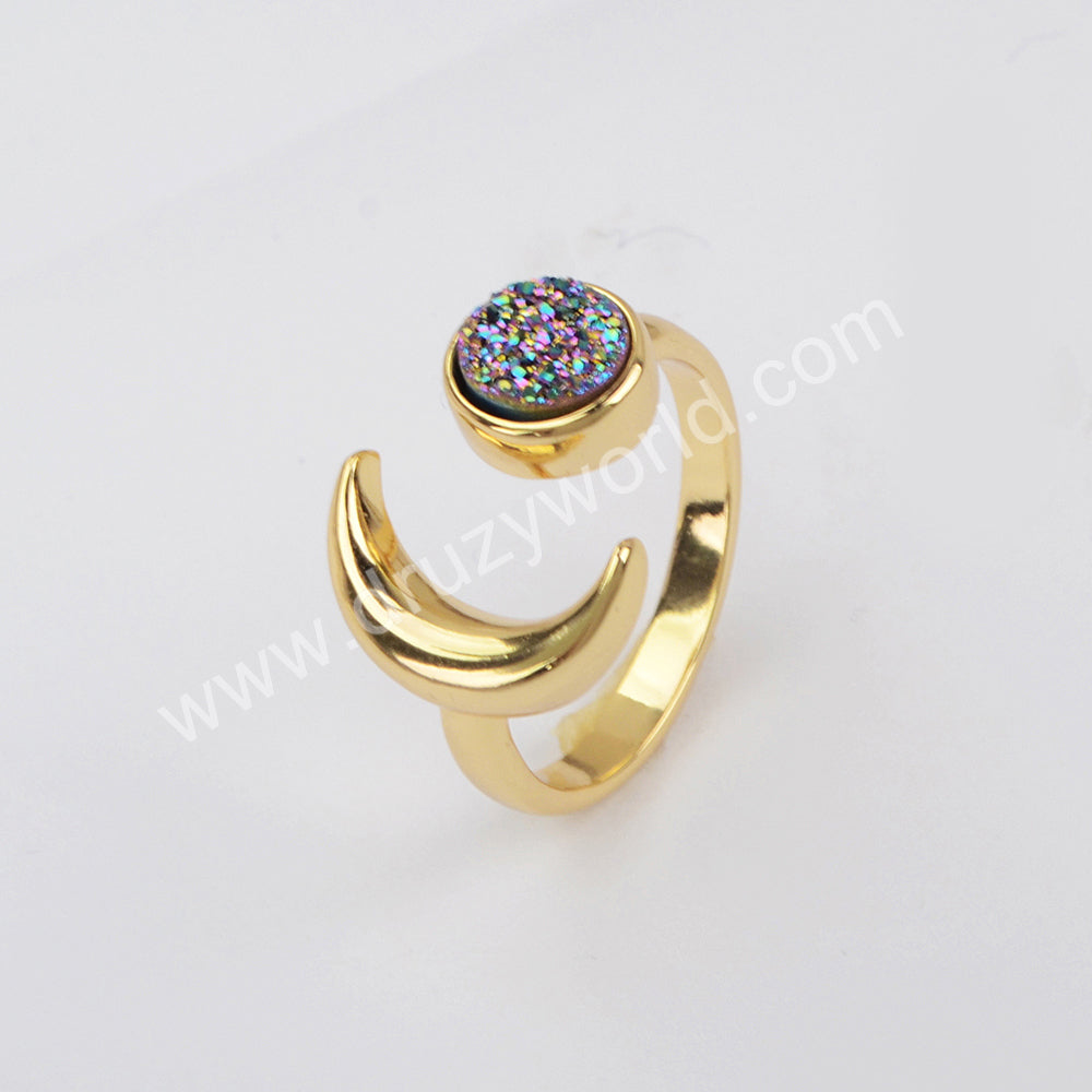 Natural Agate Titanium Druzy Open Ring For Women Gold Plated ZG0438