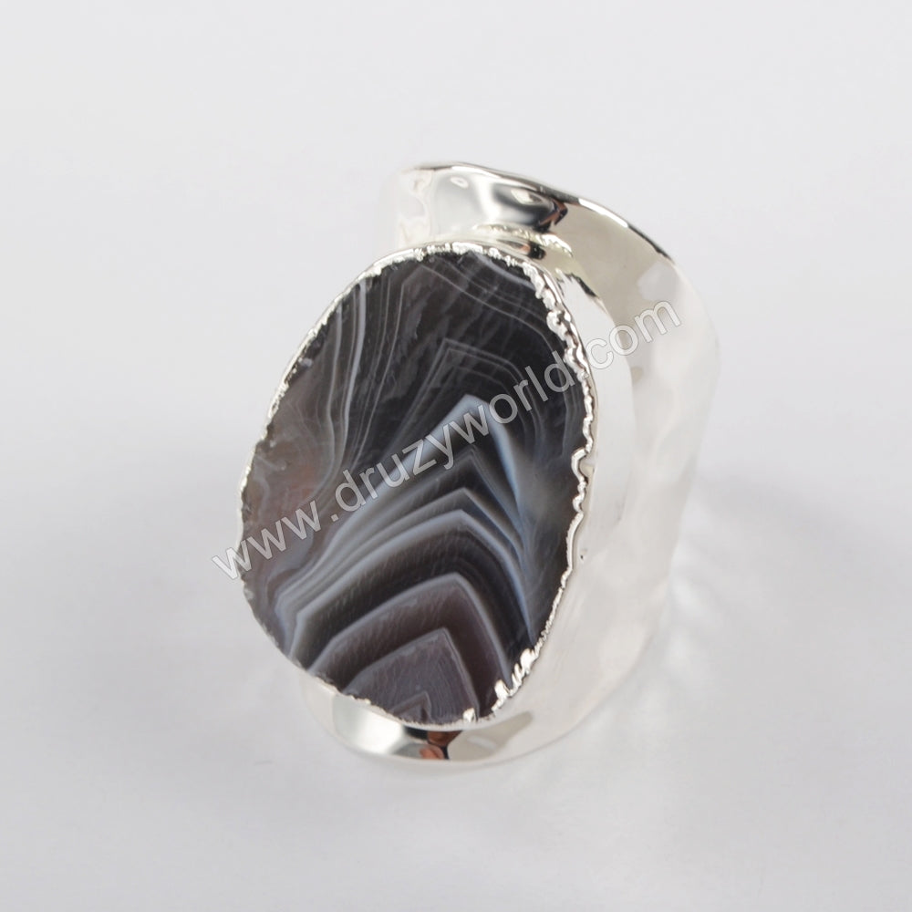Natural Onyx Agate Druzy Open Band Ring Silver Plated S1389