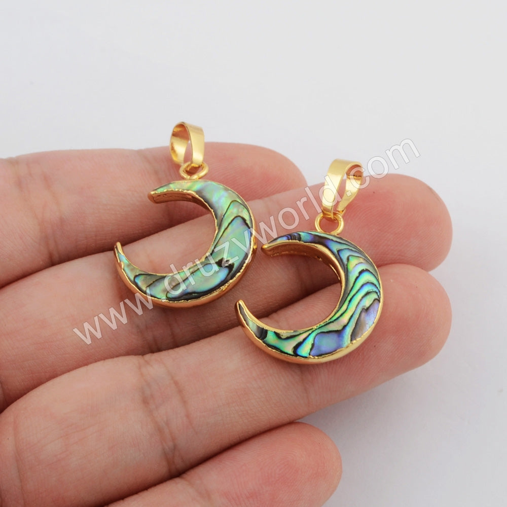 Crescent Gold Plated Abalone Shell Pendant, Abalone Moon Pendant Jewelry G1768